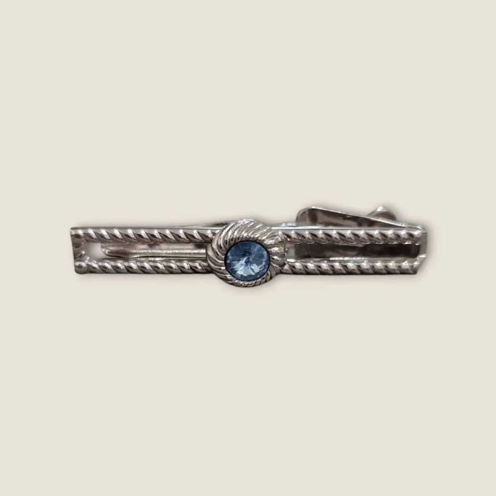 Vintage Estate Swank Silver Tone Tie Clip With Blue Rhinestone Accent